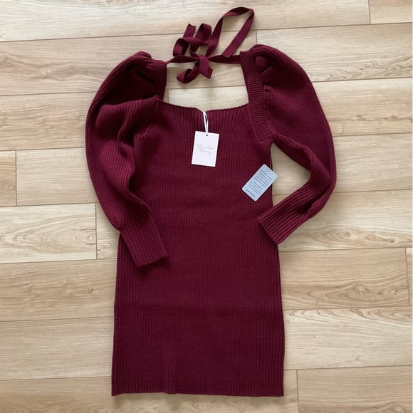 NWT Charles Henry burgundy ribbed long sleeve dress with square neck & tie back. - Picture 5 of 6